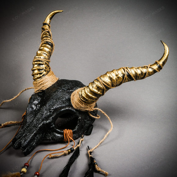 Antelope Devil Animal Skull with Gold Impala Horns Masquerade Mask - Black - Picture 5 of 10